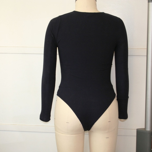 Navy Rib Bodysuit with Laced Front Bodice - Picture 5 of 8